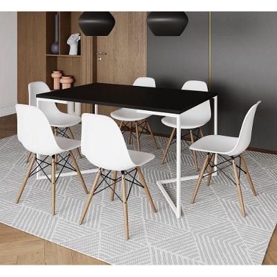 Mesa Jantar Industrial Retangular Preta 137X90Cm Base V Ferro Branco C/6 Cadeiras Branca Mad Preto