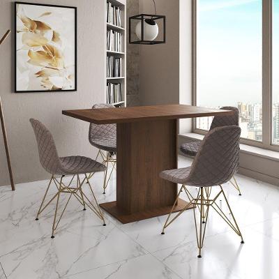 Mesa Jantar Londres Tampo Amêndoa 120Cm 4 Cadeiras Base Dourado Estofado Nude Médio