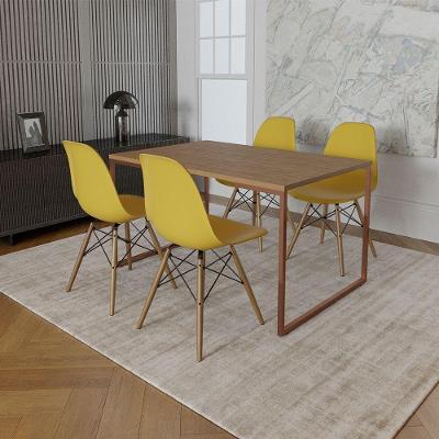 Mesa Industrial Base Ferro Cobre 137X90 Tampo Amêndoa 4 Cadeiras Eiffel Madeira Assento Amarelo