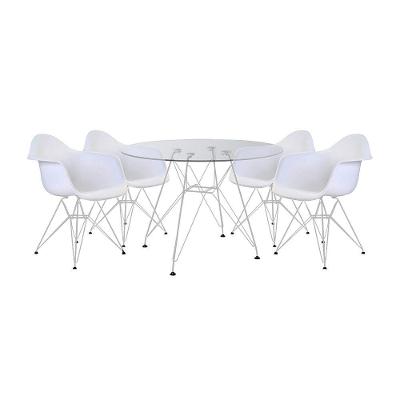 Mesa De Jantar Vidro Redonda 110Cm Com 4 Poltronas Brancas Ferro Branco Branco
