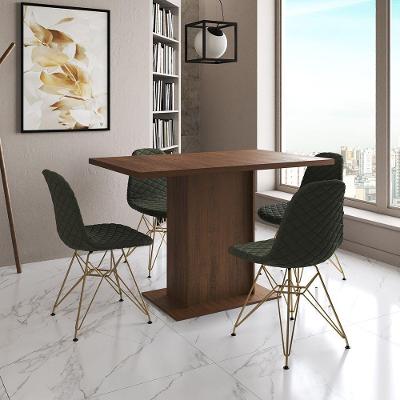 Mesa Jantar Londres Tampo Amêndoa 120Cm 4 Cadeiras Base Dourado Estofado Verde