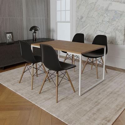Mesa Industrial Base Ferro Branco 137X90 Tampo Amêndoa 4 Cadeiras Eiffel Madeira Assento Preto
