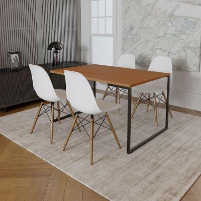 Mesa Industrial Base De Ferro Preto Tampo 137X90 Canela 4 Cadeiras Eames Madeira Assento Branco