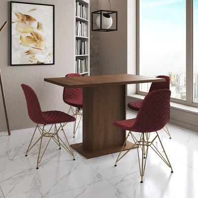 Mesa Jantar Londres Tampo Amêndoa 120Cm 4 Cadeiras Base Dourado Estofado Vermelho