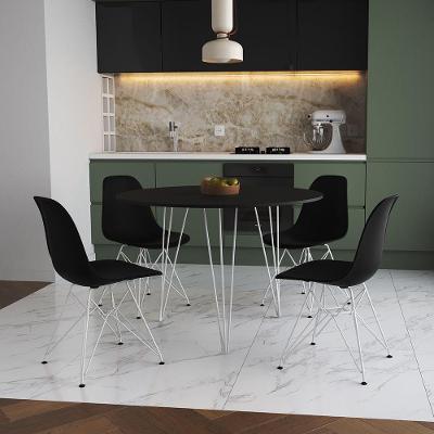 Mesa De Jantar Redonda 90Cm Preta Clips 3 Pés Com 4 Cadeiras Eames Eiffel Pretas Ferro Branco
