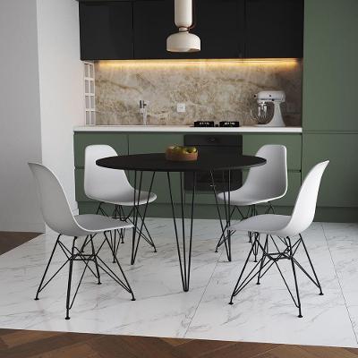 Mesa De Jantar Redonda 90Cm Preta Clips 3 Pés Com 4 Cadeiras Eames Eiffel Brancas Ferro Preto
