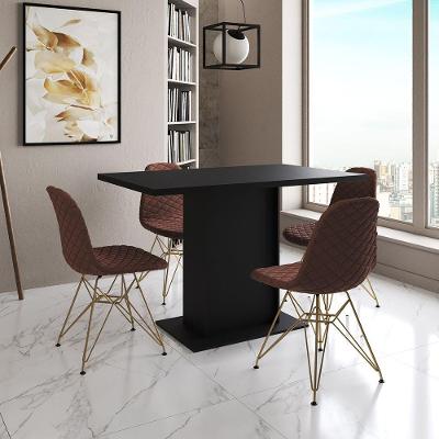 Mesa Jantar Londres Tampo Preto 120Cm 4 Cadeiras Base Dourado Estofado Caramelo