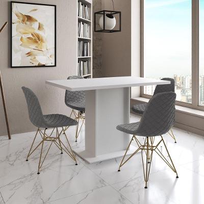 Mesa Jantar Londres Tampo Branco 120Cm 4 Cadeiras Base Dourado Estofado Grafite