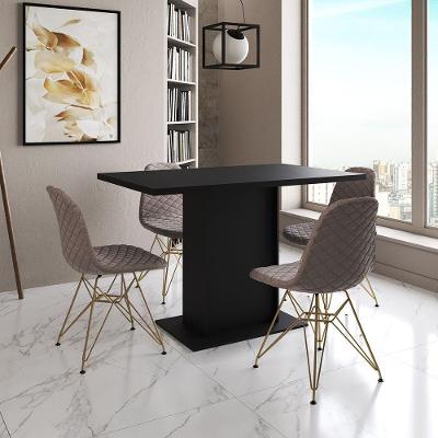 Mesa Jantar Londres Tampo Preto 120Cm 4 Cadeiras Base Dourado Estofado Nude Médio
