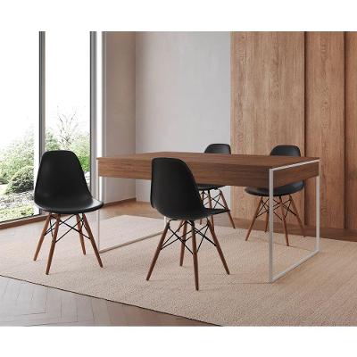 Mesa Jantar Industrial Retangular Amêndoa 137X90Cm Base Ferro Branco C/4 Cadeiras Preta Amendoa