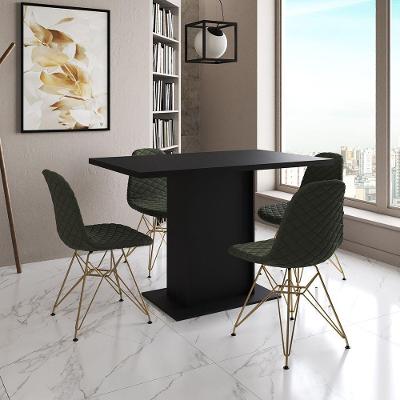 Mesa Jantar Londres Tampo Preto 120Cm 4 Cadeiras Base Dourado Estofado Verde
