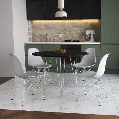 Mesa De Jantar Redonda 90Cm Preta Clips 3 Pés Com 4 Cadeiras Eames Eiffel Brancas Ferro Branco
