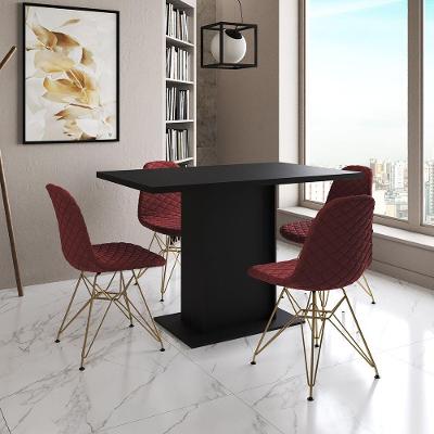Mesa Jantar Londres Tampo Preto 120Cm 4 Cadeiras Base Dourado Estofado Vermelho
