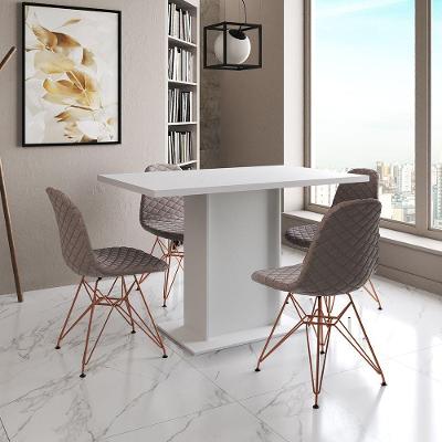 Mesa Jantar Londres Tampo Branco 120Cm 4 Cadeiras Base Cobre Estofado Nude Médio