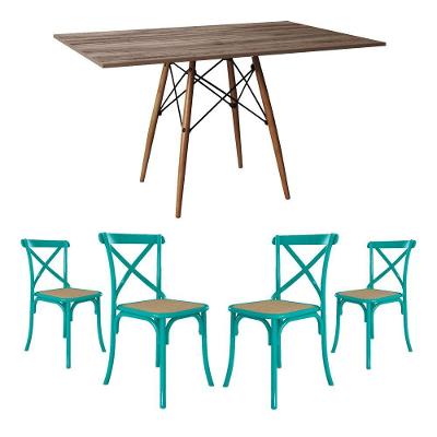 Jogo De Mesa Eiffel Retangular Tampo De Madeira 120X75Cm Amêndoa Com 4 Cadeiras Katrina Azul Turques