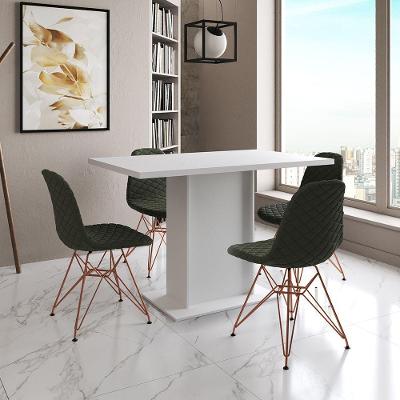 Mesa Jantar Londres Tampo Branco 120Cm 4 Cadeiras Base Cobre Estofado Verde