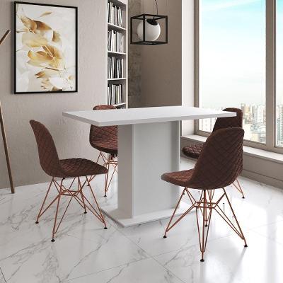Mesa Jantar Londres Tampo Branco 120Cm 4 Cadeiras Base Cobre Estofado Caramelo