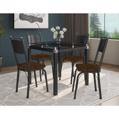 Conjunto De Mesa Tubular Sf Preto Com 4 Cadeiras 151 Tampo De Vidro 75Cm Incolor Assento Imbuia