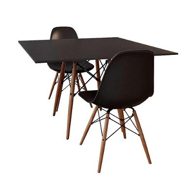 Conjunto De Mesa De Jantar Quadrada 90Cm Tampo De Madeira Preto Com 2 Cadeiras Pretas