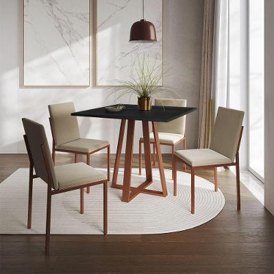 Conjunto De Jantar Mesa 90Cm Preta Com 4 Cadeiras Estofadas Bege Base Cobre - Preto