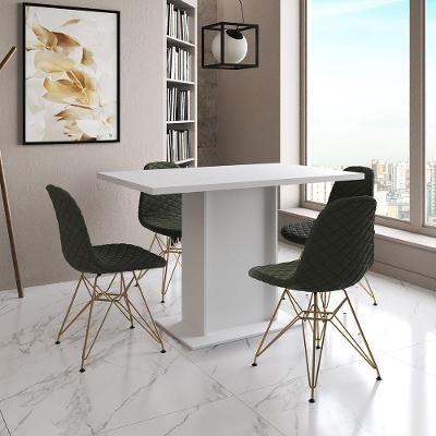 Mesa Jantar Londres Tampo Branco 120Cm 4 Cadeiras Base Dourado Estofado Verde