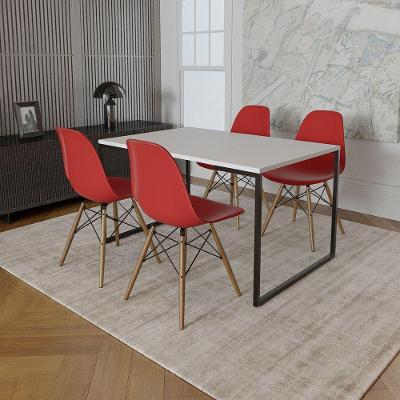 Mesa Industrial Base De Ferro Preto 137X90 Tampo Branco 4 Cadeiras Eiffel Madeira Assento Vermelho