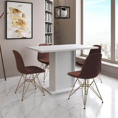 Mesa Jantar Londres Tampo Branco 120Cm 4 Cadeiras Base Dourado Estofado Caramelo