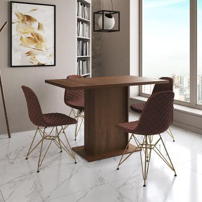Mesa Jantar Londres Tampo Amêndoa 120Cm 4 Cadeiras Base Dourado Estofado Caramelo