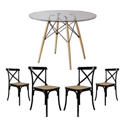 Conjunto De Mesa Eiffel Redondo Tampo De Vidro 110Cm Com 4 Cadeiras Katrina Preto Assento Bege
