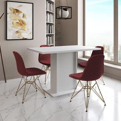 Mesa Jantar Londres Tampo Branco 120Cm 4 Cadeiras Base Dourado Estofado Vermelho