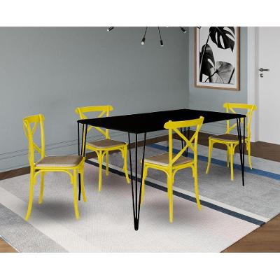 Jogo De Mesa Elen Retangular Tampo De Madeira 140X80Cm Preto Com 4 Cadeiras Katrina Amarela Assento