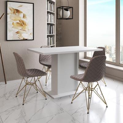 Mesa Jantar Londres Tampo Branco 120Cm 4 Cadeiras Base Dourado Estofado Nude Médio