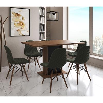 Mesa Jantar Londres Retangular Amêndoa 137X90 Base Preta 6 Cadeiras Estofadas Verde Madeira