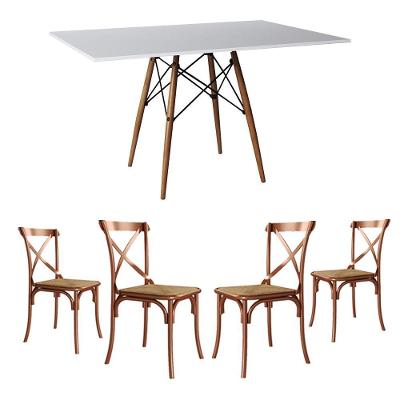 Jogo De Mesa Eiffel Retangular Tampo De Madeira 120X75Cm Branco Com 4 Cadeiras Katrina Cobreo