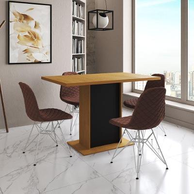 Mesa Jantar Londres Tampo Canela 120Cm Base Preta 4 Cadeiras Ferro Branco Estofado Caramelo