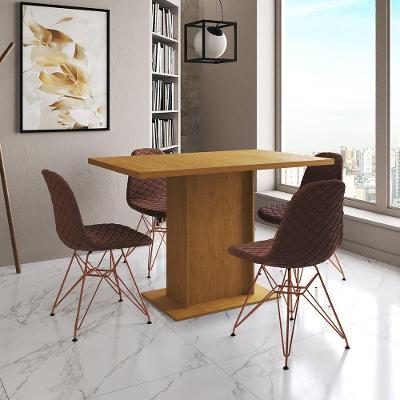 Mesa Jantar Londres Tampo Canela 120Cm 4 Cadeiras Base Cobre Estofado Caramelo