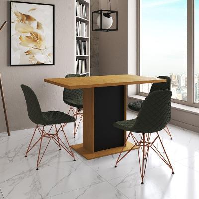 Mesa Jantar Londres Tampo Canela 120Cm Base Preta 4 Cadeiras Base Cobre Estofado Verde