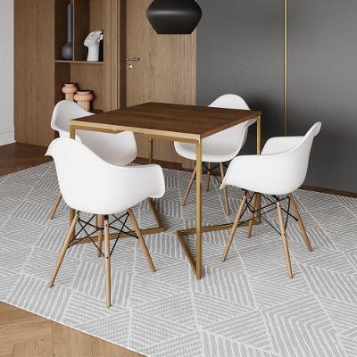 Mesa Jantar Industrial Quadrada 90Cm Amêndoa Base V Dourada C/4 Poltronas Daw Madeira Cor: Amendoa