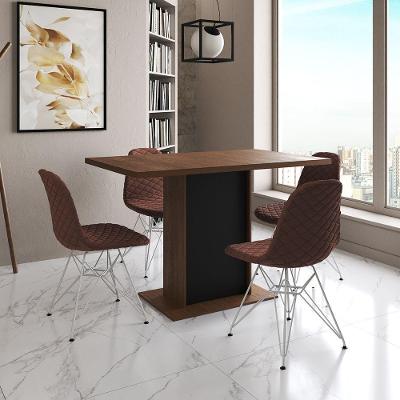 Mesa Jantar Londres Tampo Amêndoa 120Cm Base Preta 4 Cadeiras Ferro Branco Estofado Caramelo