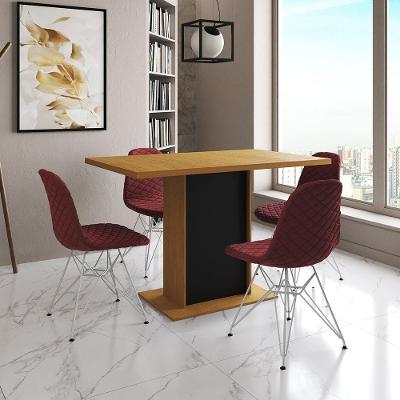 Mesa Jantar Londres Tampo Canela 120Cm Base Preta 4 Cadeiras Ferro Branco Estofado Vermelho