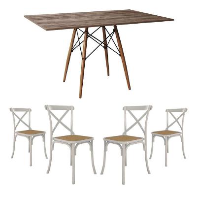 Jogo De Mesa Eiffel Retangular Tampo De Madeira 120X75Cm Amêndoa Com 4 Cadeiras Katrina Branca