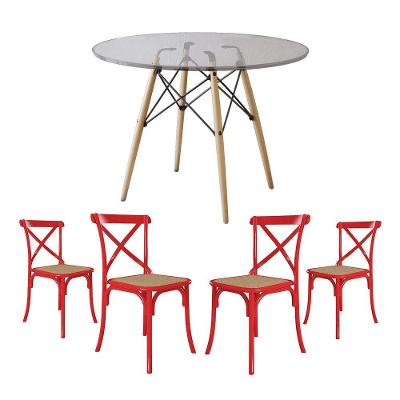 Jogo De Mesa Eiffel Redondo Tampo De Vidro 110Cm Com 4 Cadeiras Katrina Vermelha Assento Bege