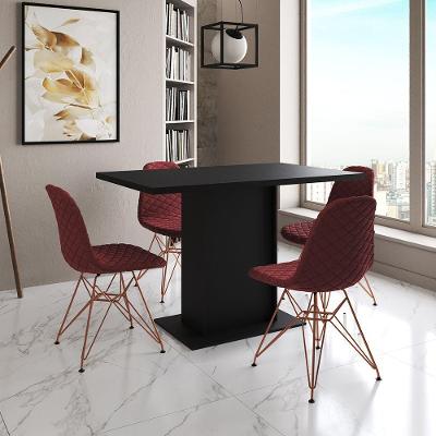 Mesa Jantar Londres Tampo Preto 120Cm 4 Cadeiras Base Cobre Estofado Vermelho