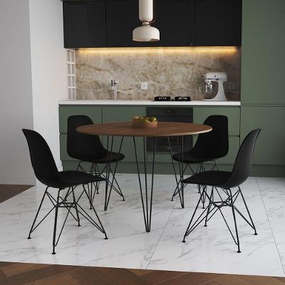 Mesa De Jantar Redonda 90Cm Amêndoa Clips 3 Pés Com 4 Cadeiras Eames Eiffel Pretas Ferro Preto