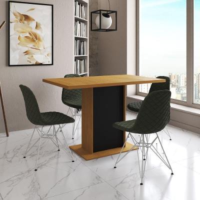 Mesa Jantar Londres Tampo Canela 120Cm Base Preta 4 Cadeiras Ferro Branco Estofado Verde