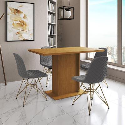 Mesa Jantar Londres Tampo Canela 120Cm 4 Cadeiras Base Dourado Estofado Grafite