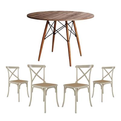 Jogo De Mesa Eiffel Redondo Tampo De Madeira 90Cm Amêndoa Com 4 Cadeiras Katrina Off Whiteo B