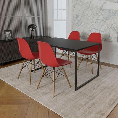 Mesa Industrial Base De Ferro Preto 137X90 Tampo Preto 4 Cadeiras Eiffel Madeira Assento Vermelho