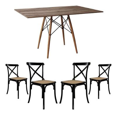 Jogo De Mesa Eiffel Retangular Tampo De Madeira 120X75Cm Amêndoa Com 4 Cadeiras Katrina Preto