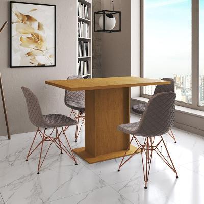 Mesa Jantar Londres Tampo Canela 120Cm 4 Cadeiras Base Cobre Estofado Nude Médio